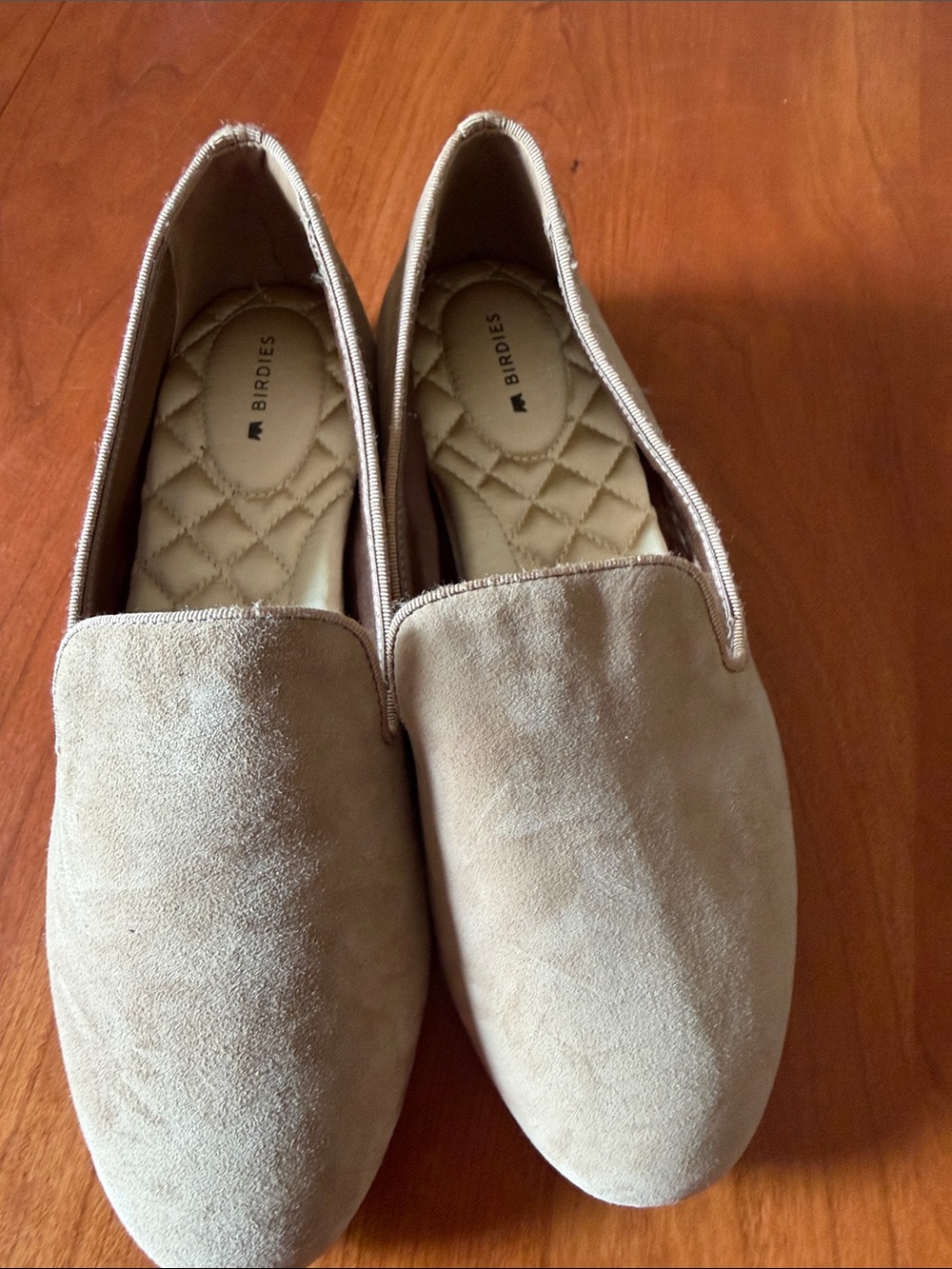 Birdies Taupe Suede Quilted-Insole Slip-On Flats
